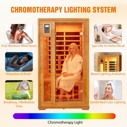 EAGLE PEAK 1-2 Person Low EMF Far Infrared Sauna, Red Light and Chromotherapy Lighting, Bluetooth Speakers, USB Port, Indoor Dry Heat Sauna, Canadian Hemlock Wood, Brown