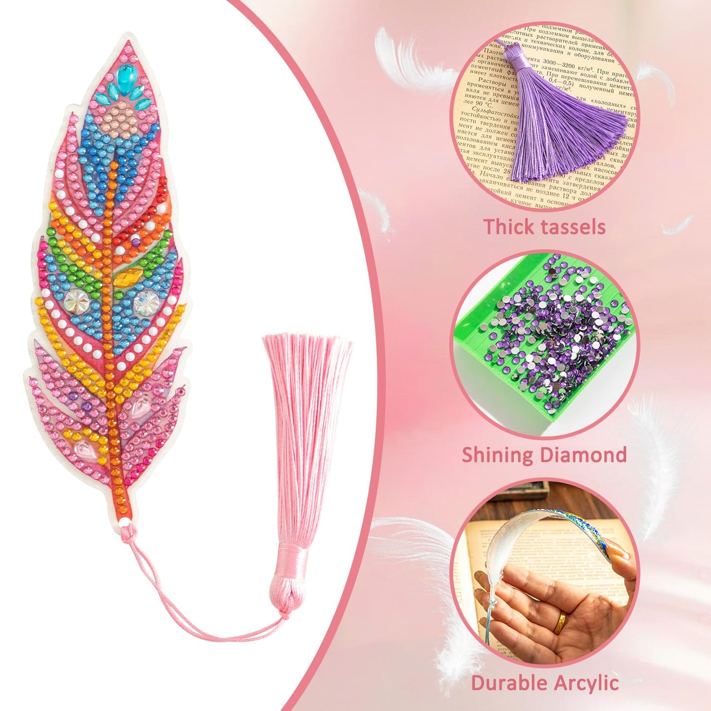 6 Pcs 5D Diamond Painting Art Kit, DIY Acrylic Crystal Diamond Bookmarks with Tassel, Flower & Feather Designs, Handmade Crafts BookMark Gift for Book Lovers, Women & Teenage, Creative Decor