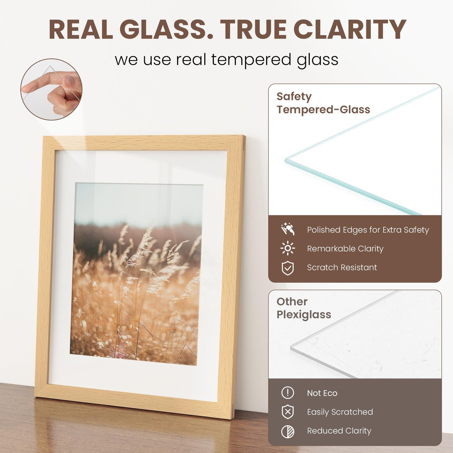 Fun Memories 11x14 Picture Frame, USA-Sourced Beech Wood Photo Frames with HD Tempered Glass, 11x14 Wood Frame Matted to 8x10, Rustic 11 x 14 Picture Frames, Horizontal or Vertical Wall Display