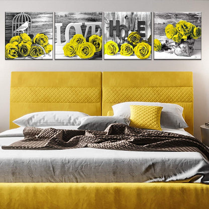 Yellow Rose Wall Pictures for Bedroom: Yellow and Grey Floral Posters, 12x12" 4Pcs, Romantic Flower Canvas Prints