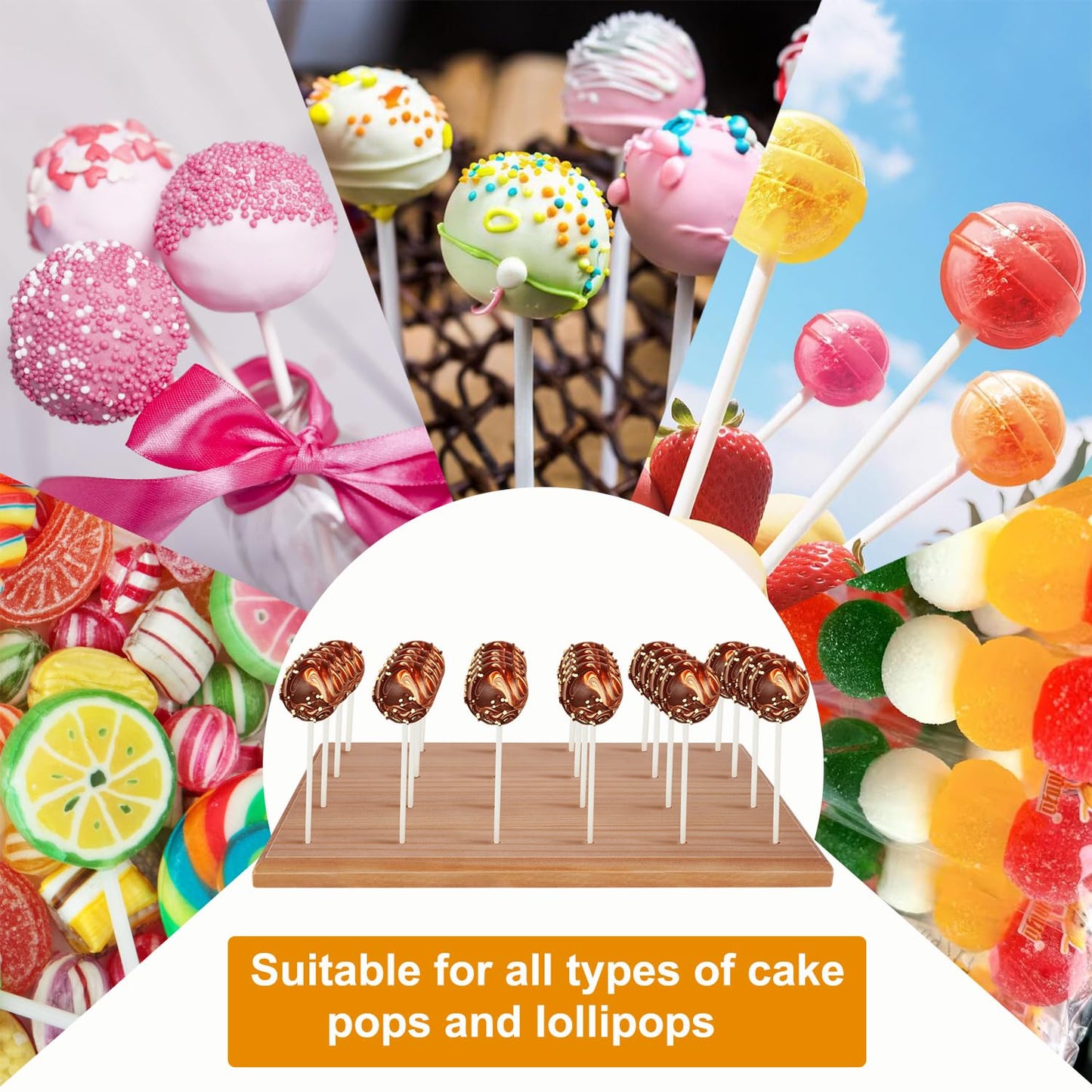 Wooden Cake Pop Stand for Drying, 24 Holes Cake Pop Display Stand with Sticks and Treat Bags, Wood Lollipop Holder for Party Anniversaries Holiday (Walnut, Stand+Sticks+Bags)