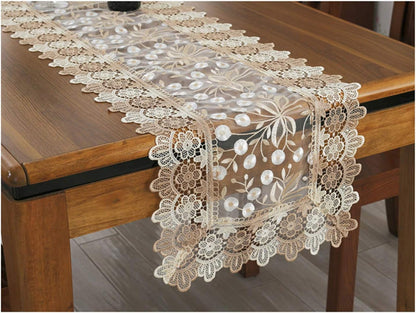 Lace Floral Embroidery Table Runner - Polyester Rectangle Transparent Dresser Scarf for Home Dining Room, 16 x 78