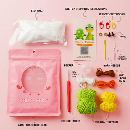 Eelexa Crochet Kit for Beginners - 2 Pack Set with Dinosaur Plush, Egg& Squeaker, Complete Starter Kit with Yarn, Tools & Video Tutorial, DIY Animal Craft Gift for Lovers
