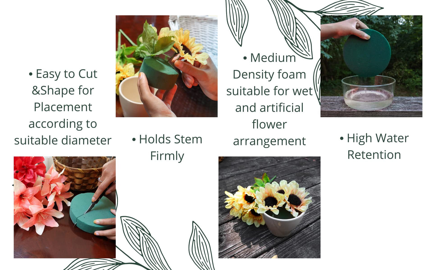 Pack of 4 FLOFARE Round Floral Foam Blocks for Fresh and Artificial Flowers, Each (8" X 1.4"), Dry & Wet Green Flower Foam for Flower Arrangements and Florist Supplies