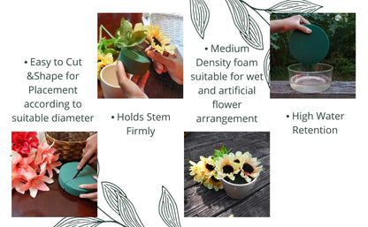Pack of 4 FLOFARE Round Floral Foam Blocks for Fresh and Artificial Flowers, Each (8" X 1.4"), Dry & Wet Green Flower Foam for Flower Arrangements and Florist Supplies