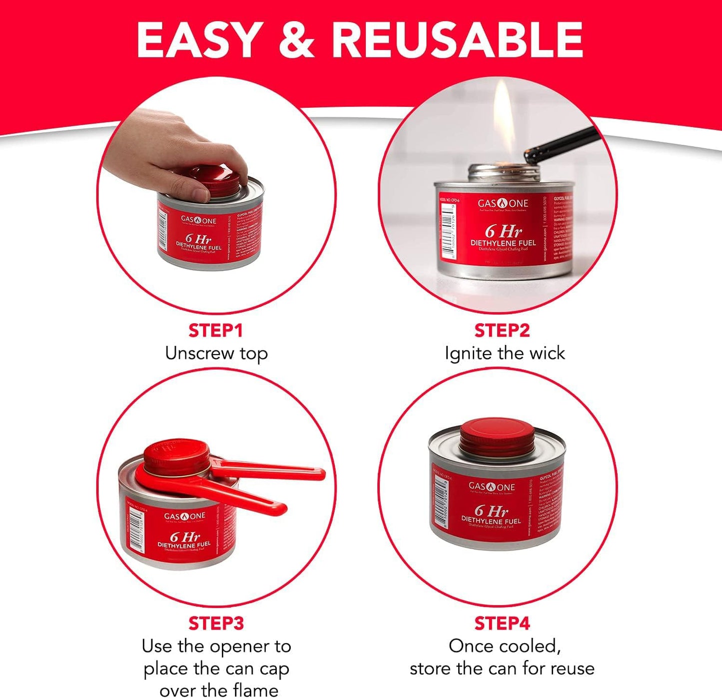 Gas One 12 Pack 6 Hour Chafing Fuel - Food Warmer for Chafing Dish Buffet Set - Reusable Liquid Safe Fuel With Wick & Lid Opener