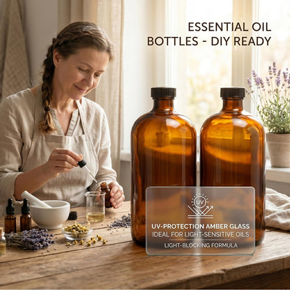 2 Pack 1000ml (32oz) Amber Glass Boston Round Bottles with Black Screw Caps - Empty Refillable Brown Glass Bottles for Essential Oils, Lab Chemicals, Cosmetics, Cleaning Solutions & Homemade Products