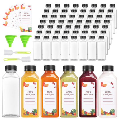 OBKJJ 40 pcs 12oz Pcs Juice Bottles, Juice Bottle with Caps Reusable Empty Clear Bottles with Label, Funnel, Brush Bulk Beverage Containers for Juicing, Drinking, Smoothie and Other Beverages (12-OZ)
