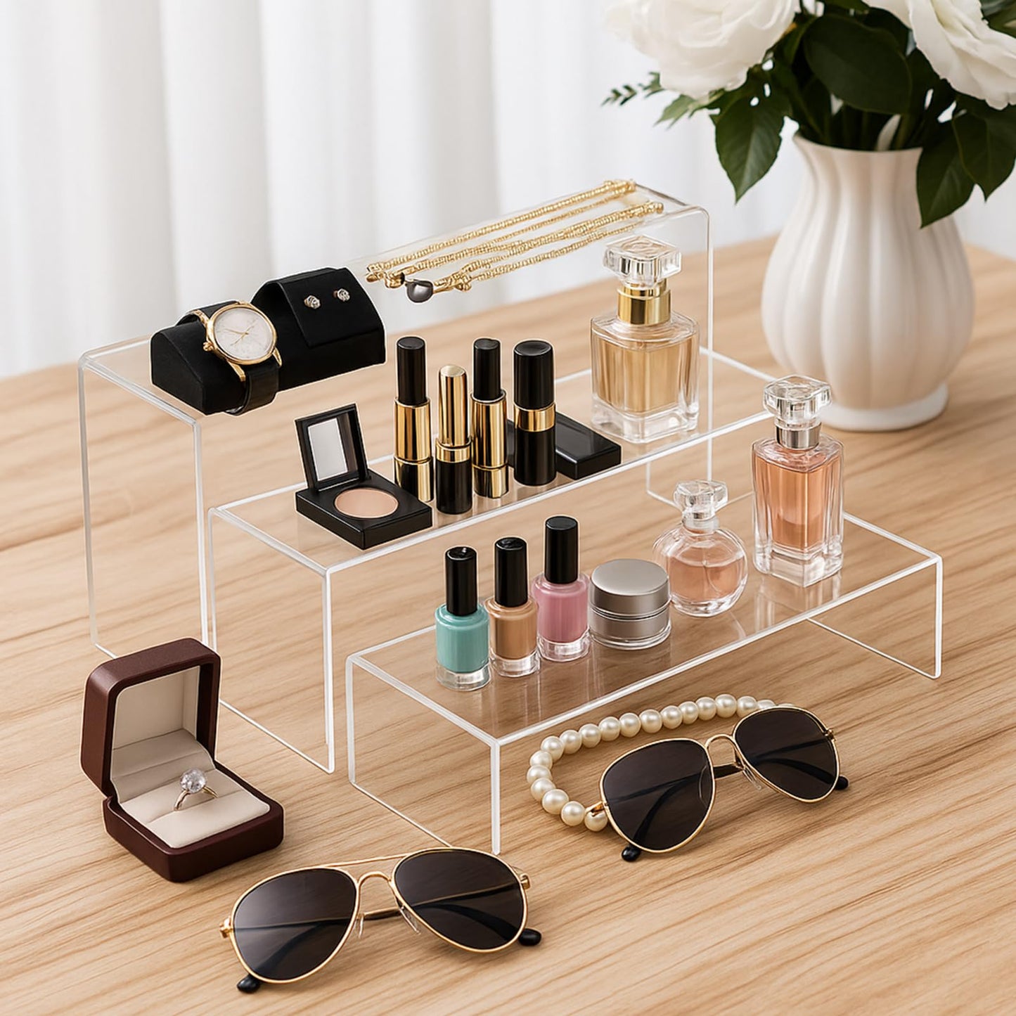 Chuangdi 2 Sets Large Acrylic Risers Display Stands for Figures Collectibles, Shelf Showcase for Dessert Cupcake Candy Treat Action Product Jewelry(Clear,Extra Large Set)