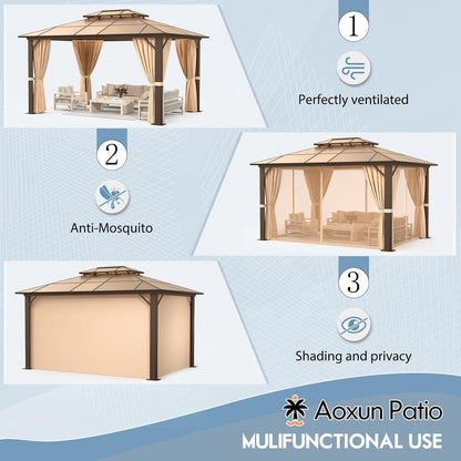 Hardtop Gazebo, Aluminum Frame Permanent Pavilion with Curtains and Netting, Outdoor Polycarbonate Gazebo, Double Roof Canopy, for Gardens, Patios, Lawns 10x12FT