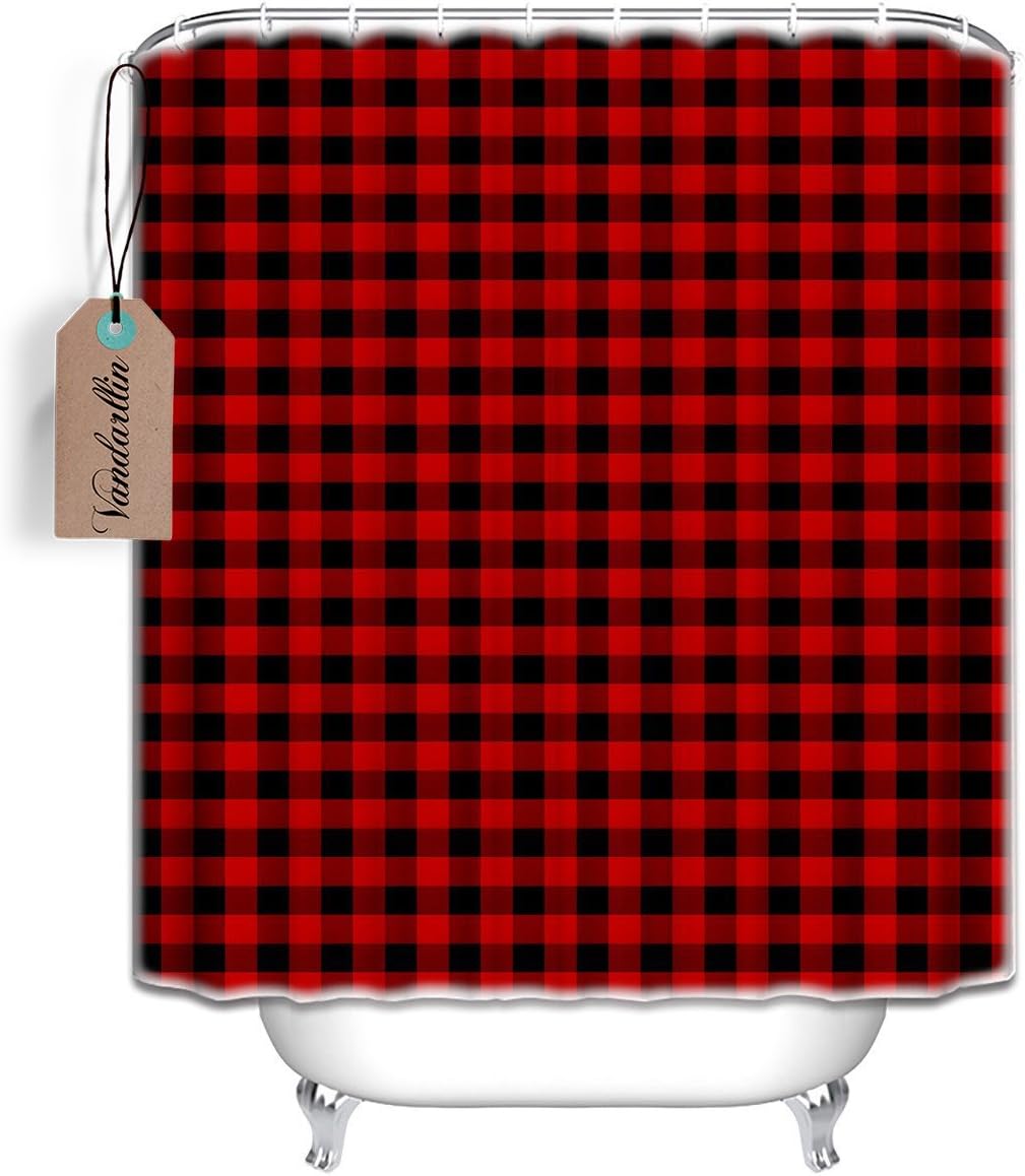 Vandarllin Fabric Shower Curtain, 48X72 Inch, Waterproof Washable Rustic Red Black Buffalo Check