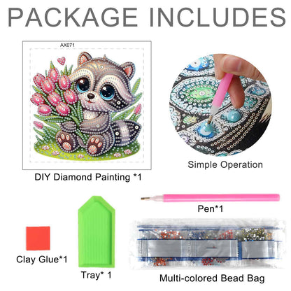 Diamond Painting Kit, 5D DIY Raccoon and tulips, Special Shape Crystal Artificial Diamond Art Partial Mosaic Handicraft for Beginners, Wall Decor Gift For Bedroom, Office, Living Room 6.7x6.7in