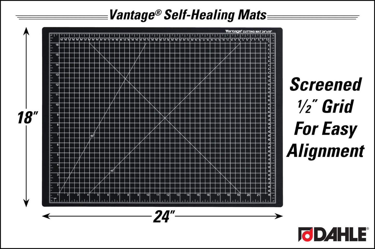 Dahle Vantage 10792 Double-Sided Premium Self-Healing Cutting Mat, 18"x24", 1/2" Grid, 5 Layers for Max Healing, Perfect for Crafts & Sewing, Black