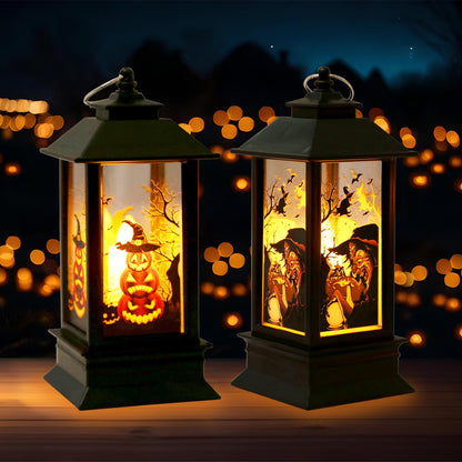 2 Pieces Halloween Lanterns Decoration 5.1" Height Retro Hanging Lamp Halloween Witch Flameless Candle Holder with Transparent Pumpkins Lantern Gift for Home Trick or Treat Party Supplies
