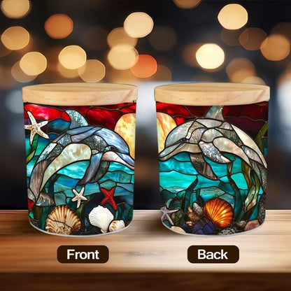 Stained Glass Dolphins Tea Light Candle Holders, Starfishes Tealight Candle Holder Jar with Wooden Lid, Ocean Votive Candlesticks for Table Centerpieces, Christmas,Birthday Party,Home Decor