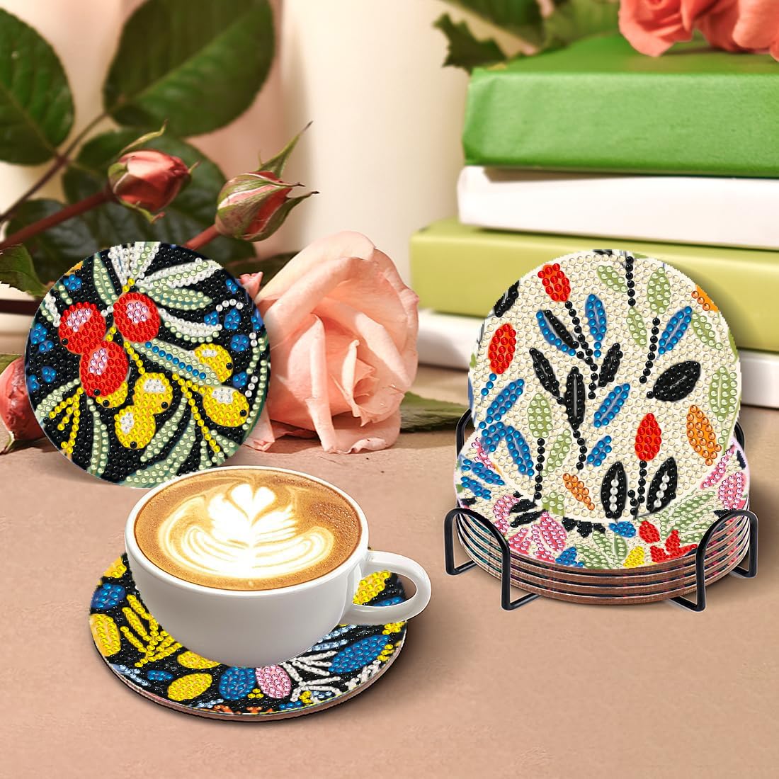 DOTZSO 8 Pcs Diamond Art Coasters Kit with Holder, Diamond Art Kits for Adults Beginners Small Diamond Painting Coasters, Arts and Crafts for Adults Supplies Item Sets (Flower)