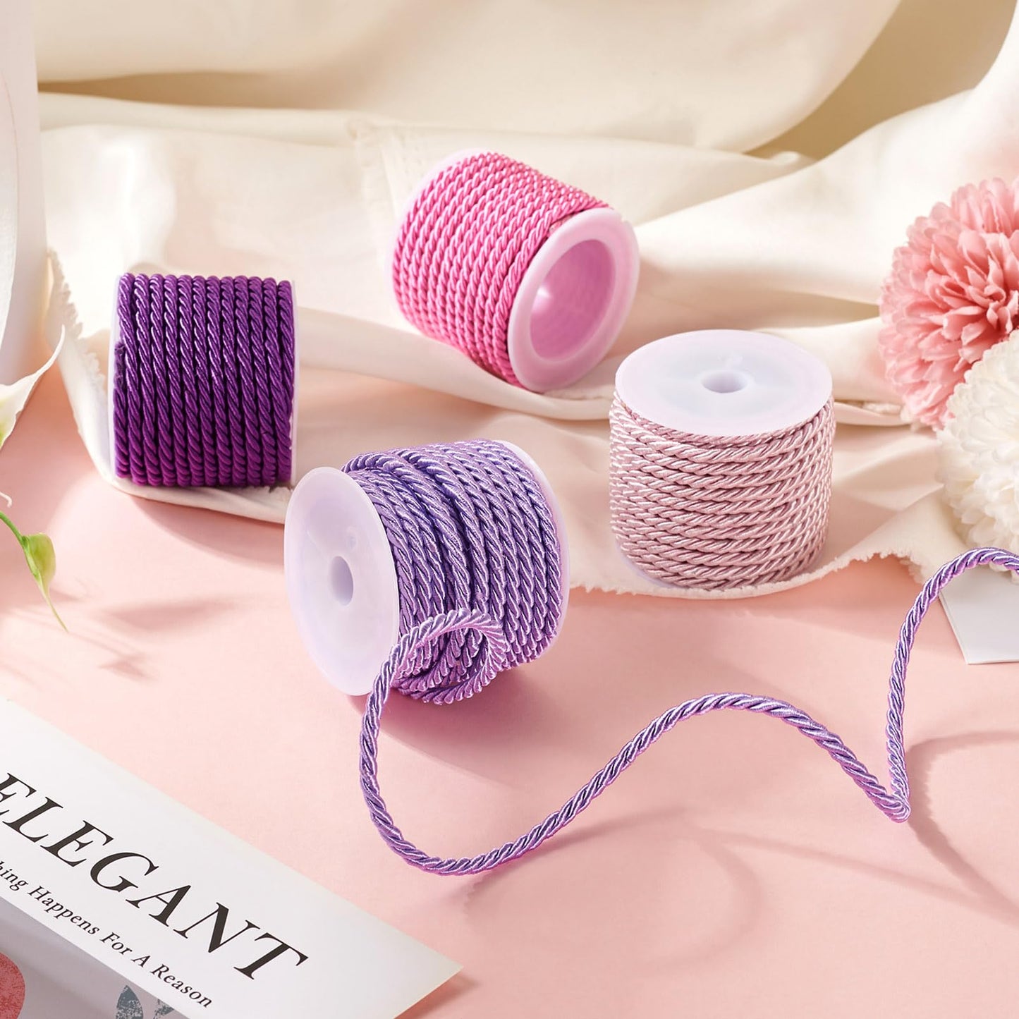 Pandahall 4 Rolls 3mm Polyester Twine Cords Purple Braided Twisted Ropes Decorative Braided Cording Thread String Pink Twisted Silk Rope Cords for Home Decor Curtain Sewing Gift Wrapping