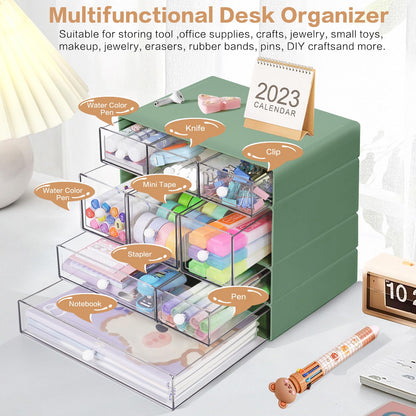 FODIENS Desk Storage Organizer with 9 Drawers, 4 Tiers Stackable Desktop Craft Storage Drawers, Clear Storage Box Caddy for Stationary Makeup Jewelry Office Craft Supplies (Green)