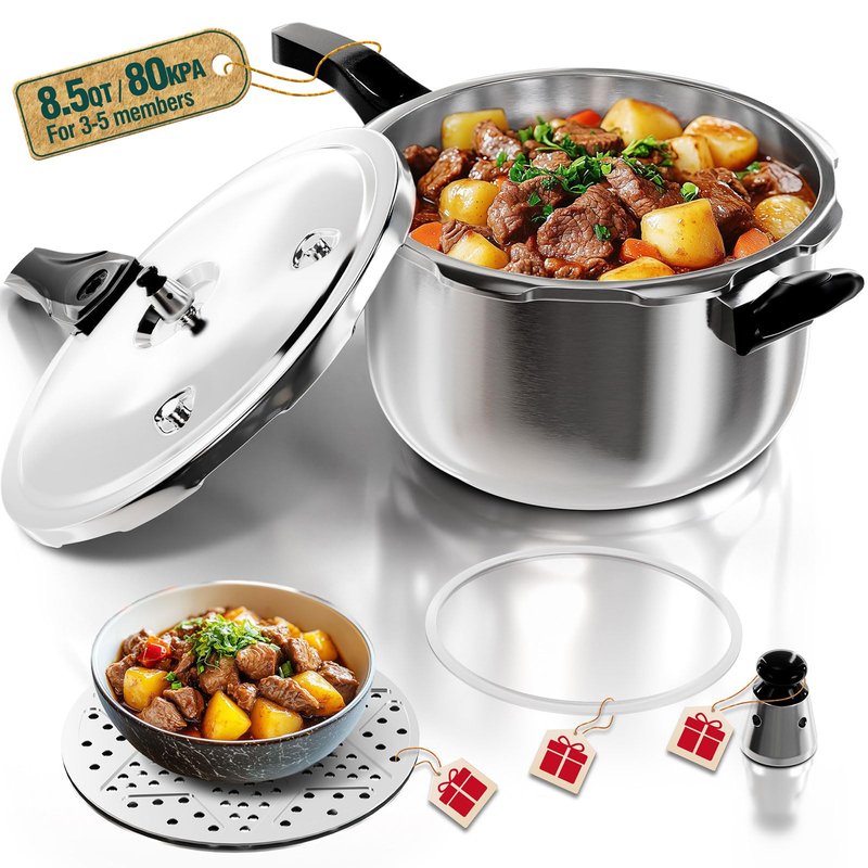 WantJoin Pressure Cooker, 8 Quart Stainless Steel Pressure Canner, Induction Compatible Cookware with Spring Valve Safeguard Devices,Compatible with Gas & Induction Cooker