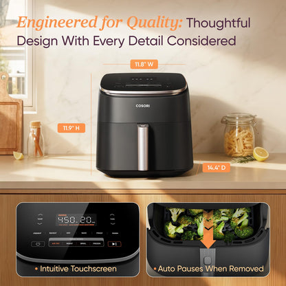 Cosori 9-in-1 TurboBlaze Air Fryer 6 Qt, PFAS-Free Ceramic Coating, 90°–450°F, Precise Heating for Even Results, Air Fry, Roast, Bake, Broil, Dry, Frozen, Proof, Reheat, Keep Warm, 120V, Dark Gray