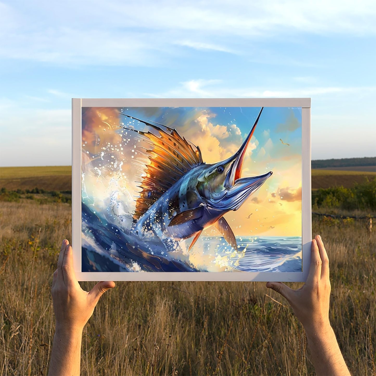 Blue Ocean Marlin Fish Diamond Art Painting Kits for Adults DIY Round Drill Diamond Art Crafts for Home Decor 12x16 inch