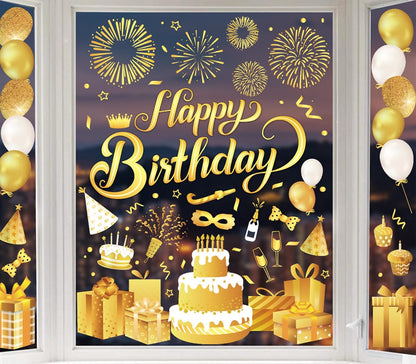 Whaline 134Pcs Birthday Window Clings, Gold Yellow Decals for Birthday Party Home School Decorations