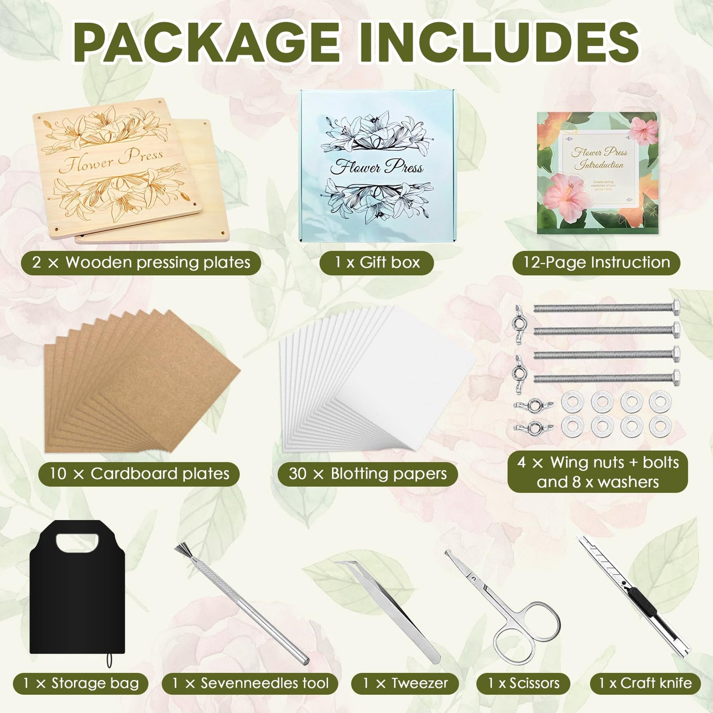 GTQYYF Flower Press Kit 11" x 11" Large Wooden Flower Presser, 10-Layer Flower Pressing Kit for Adults & Teens, DIY Wedding Bouquet Preservation, Dried Flower Art, Pressed Flower & Leaf Crafts