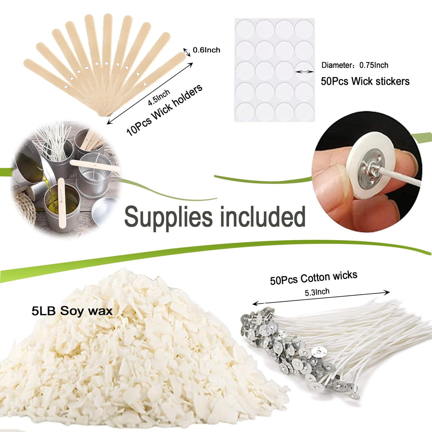 DINGPAI Soy Wax for Candle Making, 5LB Organic Soy Candle Wax Flakes Natural Candle Making Supplies,50 Cotton Wicks,50 Wick Stickers,10 Wick Holders