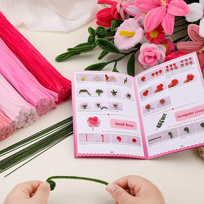 HUEYTON 450Pcs Pipe Cleaners Pink Flower Bouquet Craft Kit, Assorted Pink Chenille Stems for DIY Art, Ideal for Party Decor, Home Accents & Handmade Gifts