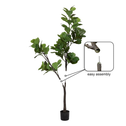Kate and Laurel Fidmont Faux Fiddle Fig Tree with Claudel Scalloped Planter Pot, 6 FT, Black, Potted Artificial Tree Indoor with Realistic Foliage and Added Moss, Fake Plant for Living Room Decor