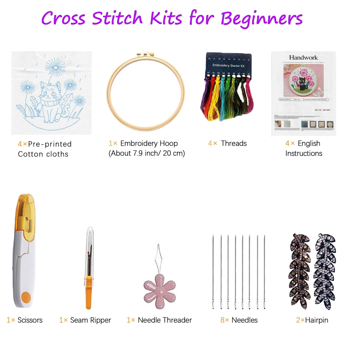 CHIYOSING Embroidery Kit for Beginners Adults, 4 Cat Pattern to Learn Over 30 Different Stitches,Includes Step-By-Step Instructions,Sharp Scissors and 2 Exquisite Hairpins and Multiple Accessories.
