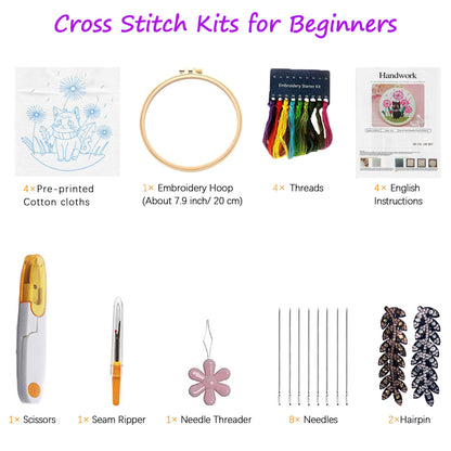 CHIYOSING Embroidery Kit for Beginners Adults, 4 Cat Pattern to Learn Over 30 Different Stitches,Includes Step-By-Step Instructions,Sharp Scissors and 2 Exquisite Hairpins and Multiple Accessories.