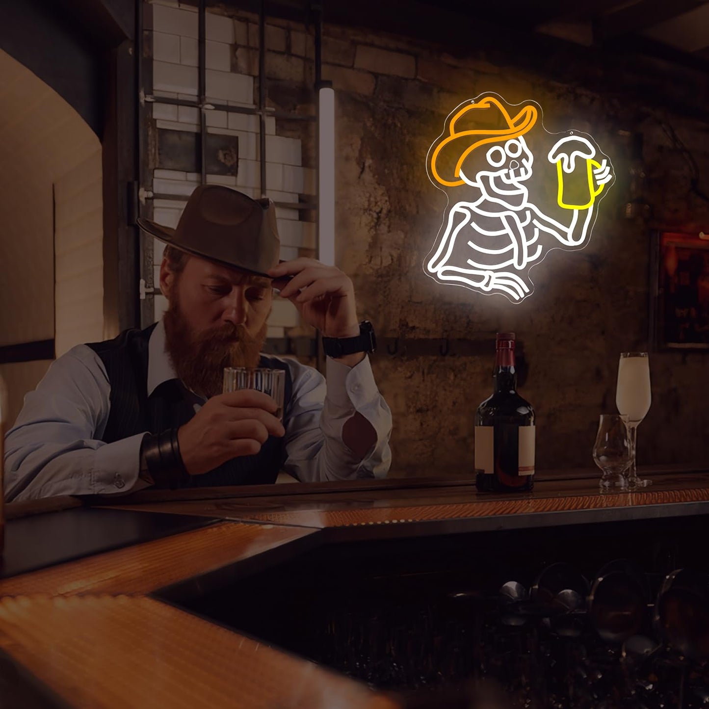 hhuohuona Cowboy Skeleton Beer Neon Sign Dimmable Western Bar Led Signs for Wall Skull Neon Sign Western Bedroom Decor Neon Lights for Man Cave Cowboy Gifts for Men