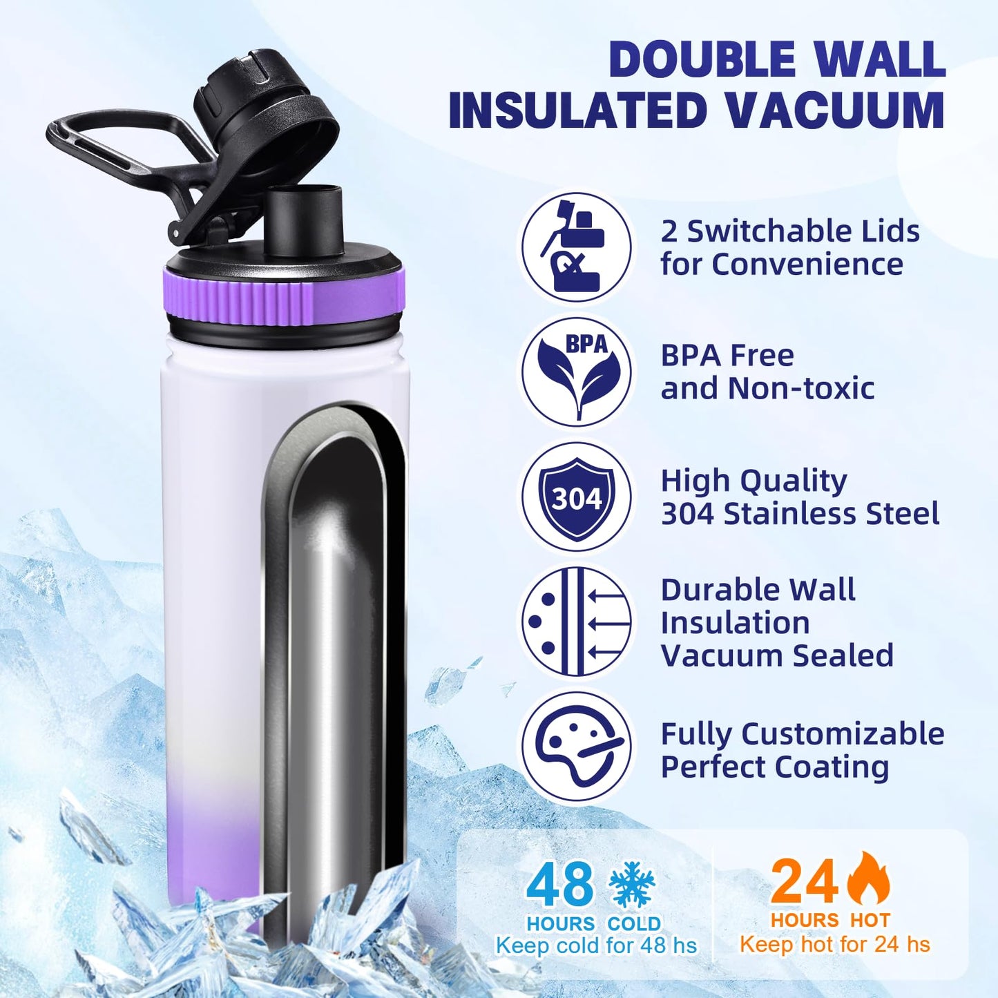 CoolSub Sublimation Sports Water Bottle Blanks, 20oz Sublimation Tumblers Double Wall Stainless Steel Sublimation Cups with Wide Mouth Lid and Straw 6 Packs Purple
