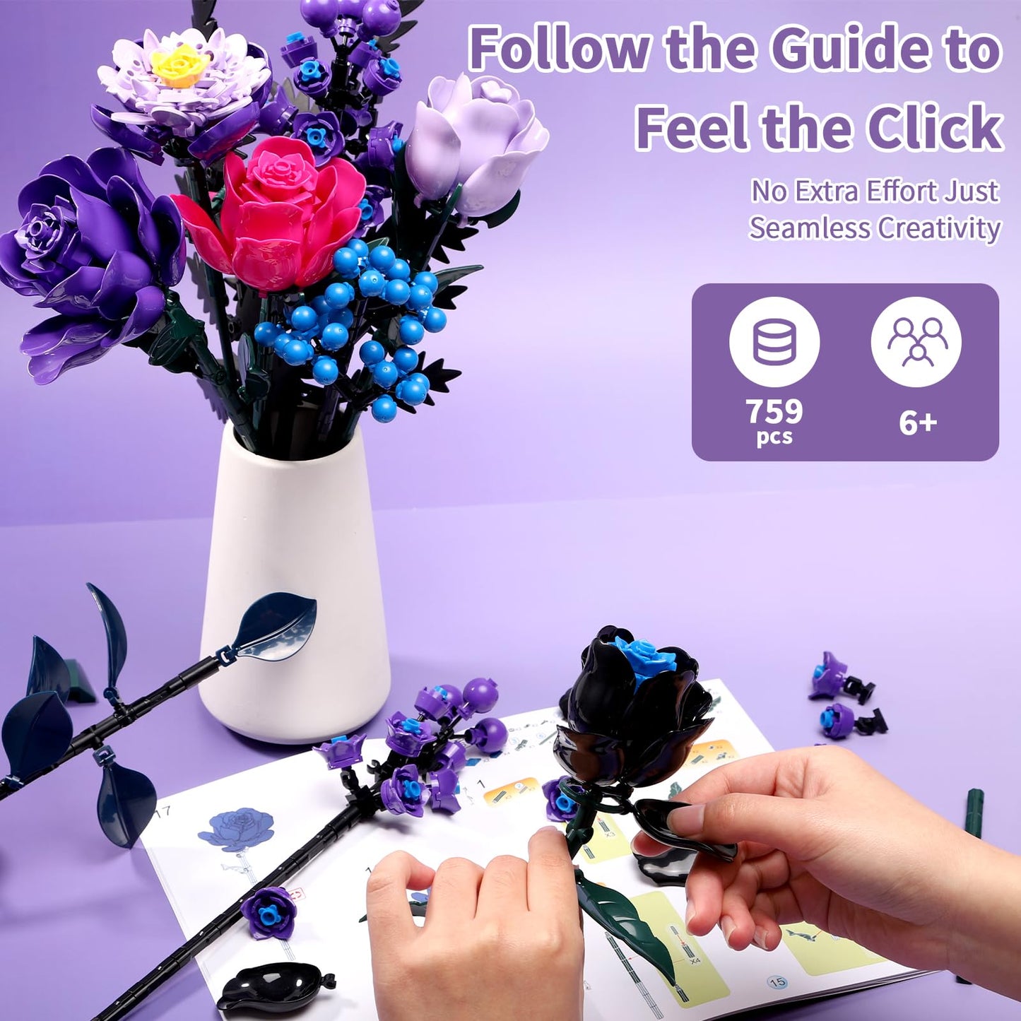 YOIUSFR 759 Pcs Purple Rose Flower Bouquet Building Set, Botanical Collection Kit Artificial Fake Flowers Blocks, Home Table Decor Aesthetic for Gifts for Birthday, DIY Craft