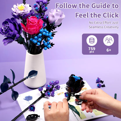 YOIUSFR 759 Pcs Purple Rose Flower Bouquet Building Set, Botanical Collection Kit Artificial Fake Flowers Blocks, Home Table Decor Aesthetic for Gifts for Birthday, DIY Craft