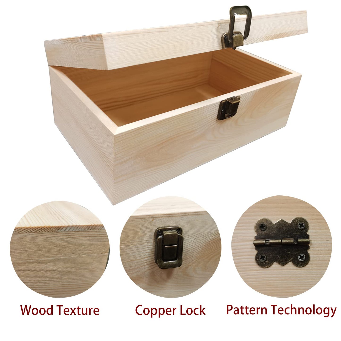 YXFZPAN Natural Wooden Craft Box with Hinged Lid - Large 9.2"x5.5"x3.9" Reusable DIY Jewelry & Gift Box for Home, Art Supplies, and Hobby Organization, Unfinished Unpainted Wood Box