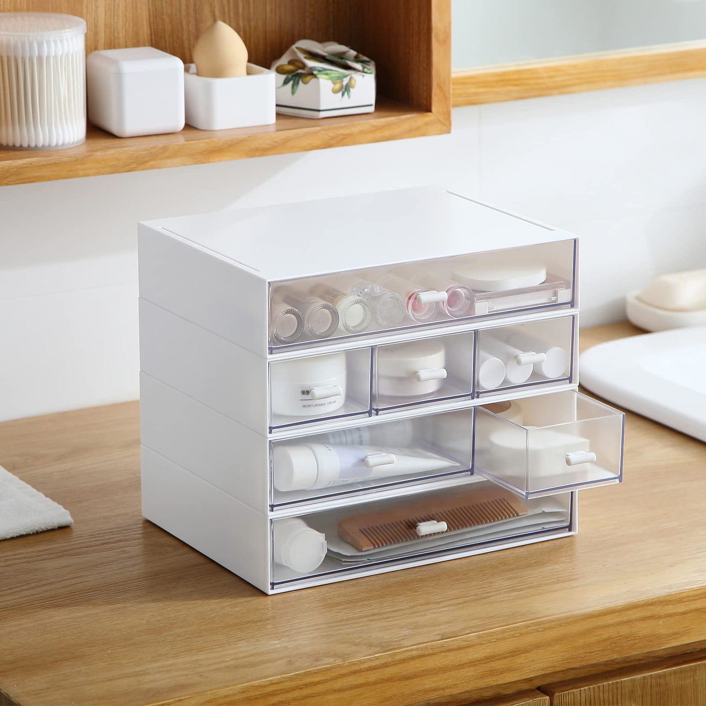 MILULUGO Desk Organizer with 6 Drawers, Makeup Organizer, Plastic Cosmetic Organizer, Bathroom Organization Boxes, Desktop Storage Box(White)