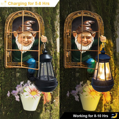 REYISO Garden Gnome Statue with Solar Lights Mom Dad Gifts Summer Decor Fairy Garden 10 in Elf Outdoor Tree Hugger Statues- Tree Face Sculpture, Yard Art for Patio,Fence,Lawn,Wall Gnomes Ornament