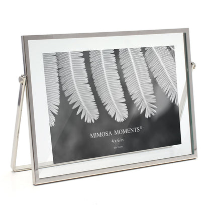 MIMOSA MOMENTS 4x6 Silver Metal Floating Picture Frame, Horizontal Double Glass Tabletop Display, Modern Minimalist Photo Frame for Home & Office Decor