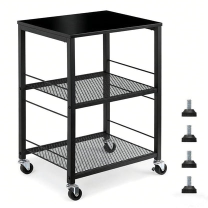 MOOACE 3 Tier End Table with Wheel, Rolling Storage Shelf Side Table Nightstand for Bedroom Kitchen Living Room Office, Stable Metal Frame and Wood Top, Black