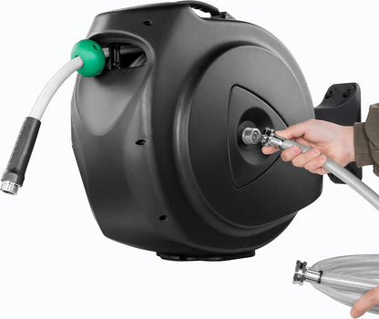 Retractable Garden Hose Reel, 100Ft x 5/8" Durable Wall Mounted Water Hose Reel with 180° Swivel Bracket, 9 Pattern Sprayer, 6Ft leader hose,Smooth Automatic Rewind, Any Length Lock.