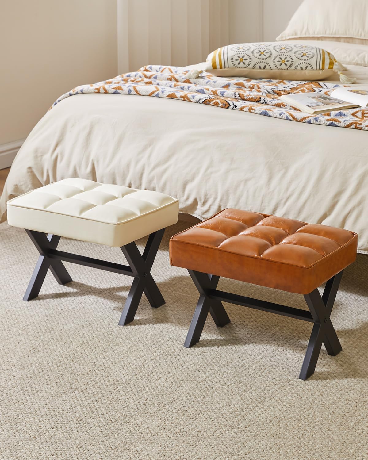 12" WBD012W IBUYKE Small H Footrest Stool, Square PU Foot Stool with Metal X-Leg, Multi-Use as Small Side Table, Step