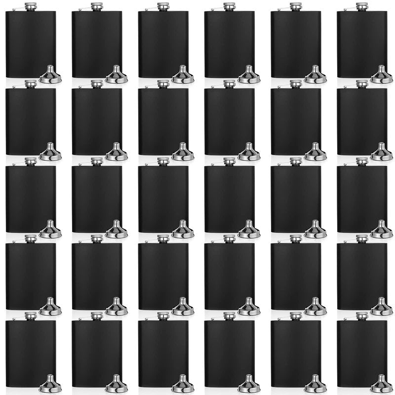 Hoolerry 30 Pack Hip Flasks for Liquor,Stainless Steel Whiskey Flask Set with Funnels Pocket Bulk for Groomsmen Gifts, Bridesmaids, Bachelor Party, Wedding Favor Supplies(8 oz,Matte Black)