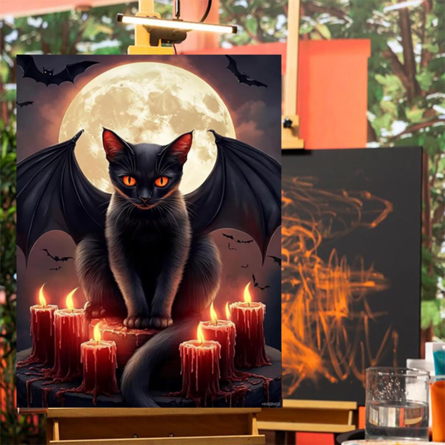 HMDIIMGE 5D Candle Bat Black Cat Diamond Painting Kits, Full Round Diamond Crystal Art Craft Kits for Adults, for Wall Decor and Living Room Decor Gifts 12x18 inch
