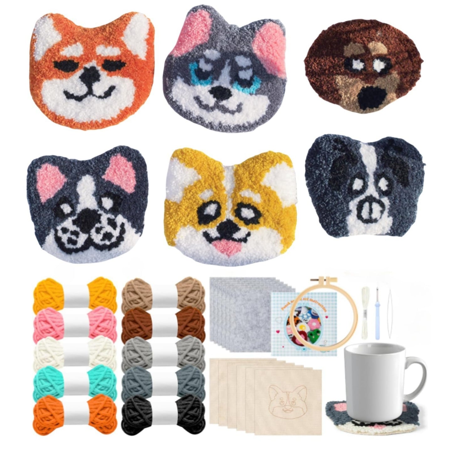 Avtytsda 6PCS Punch Needle Coaster Kit,Easy Punch Needle DIY Embroidery Set with Tools, Yarns, Hoop, Instructions Easy for Beginners, Kids, Adults, Handmade Gift and Decoration (Cute Dog)
