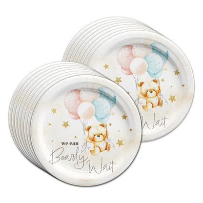Birthday Galore We Can Bearly Wait Teddy Bear Gender Reveal Themed Party Supplies for Baby Shower - A 64 Pieces Elegant Tableware Disposable Set with Plates, Napkins, Cups for All Events - Kit for 16