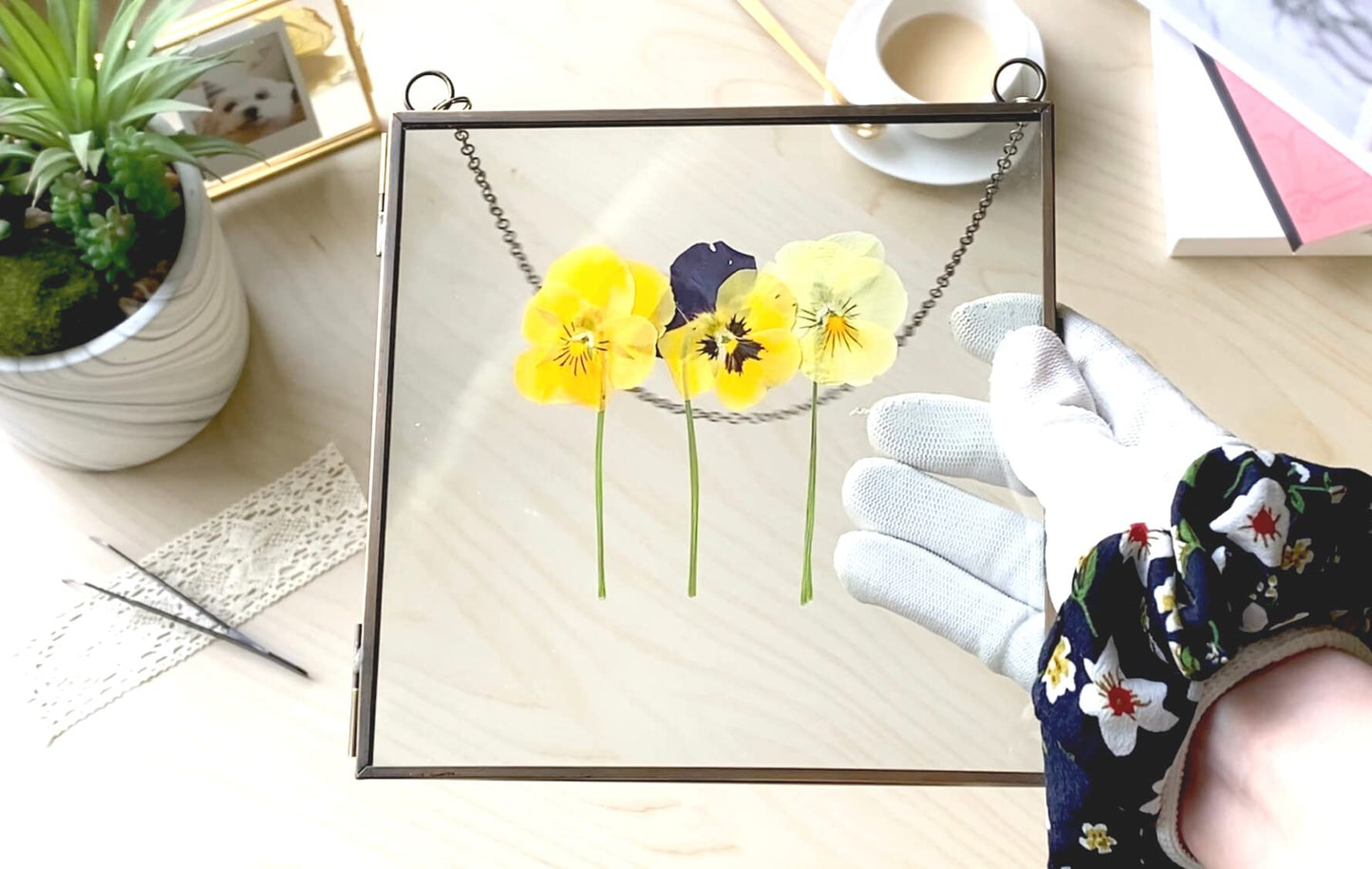 Beedecor Glass Frame for Pressed Flowers, Leaf and Artwork - Hanging Square Metal Picture Frames, Clear Double Glass Floating Frame, Wall Decor Photo Display, Set of 2 Flower Press Frames with Chain