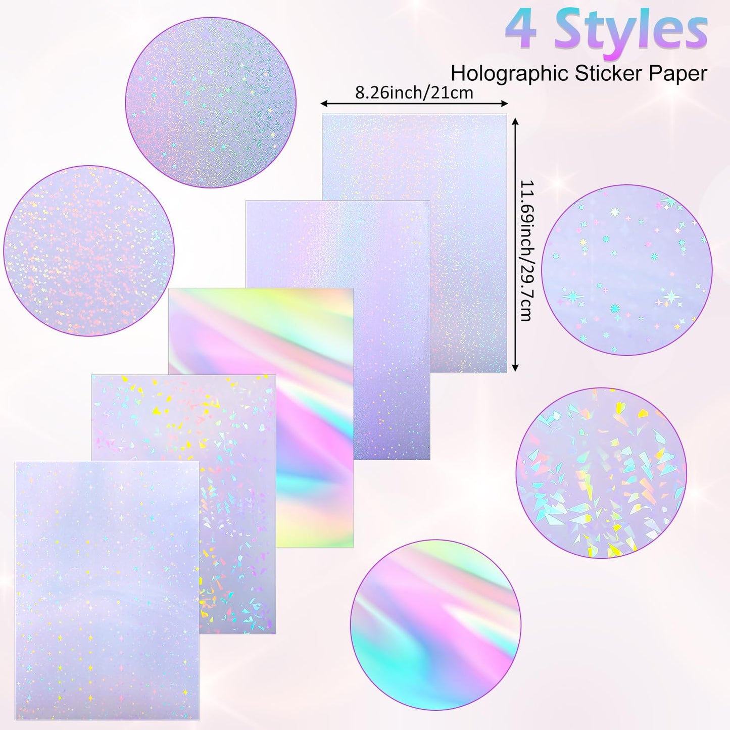 Kifmurase 100 Sheets Holographic Sticker Paper, Holographic Clear Vinyl Laminate Film, Transparent Overlay Lamination Sticker, Self-Adhesive Waterproof Rainbow Laminating Sheets with A4 Size