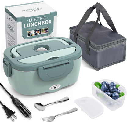 Electric Lunch Box Food Heater, 3 in 1 Ultra Quick Heated Lunch Boxes for Adults, 12V/24V/110V Portable Food Warmer for Car/Truck/Office With Fork Spoon and Insulated Carry Bag